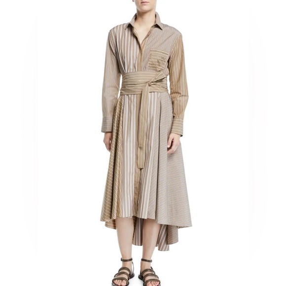 Brunello Cucinelli Beige and Brown Striped High-Low Dress - Picture 4 of 9